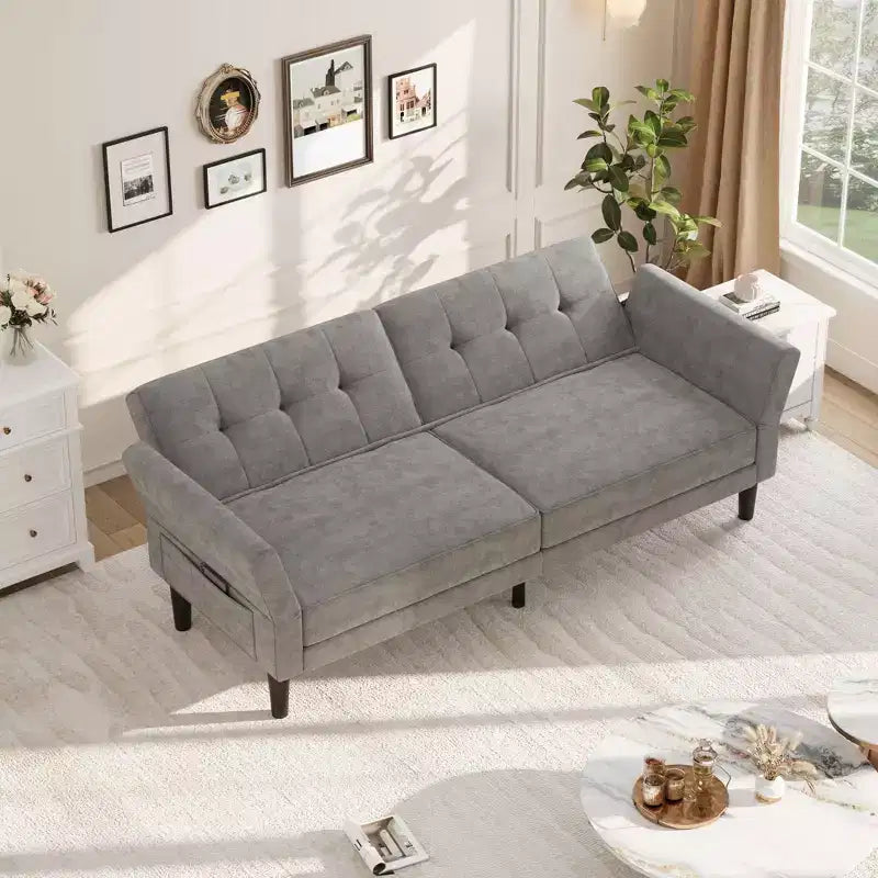 89 Futon Sofa Bed, Modern Chenille Sleeper Couch with Adjustable Backrest & Armrest, Convertible Futon Couch for Living Room Bedroom Apartments