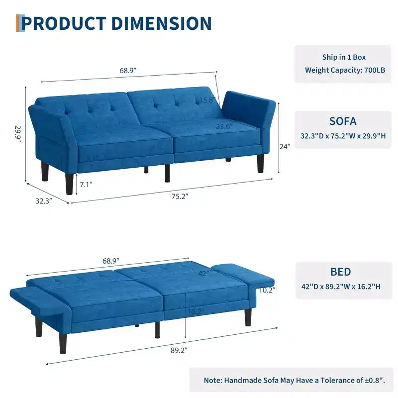 89 Futon Sofa Bed, Modern Chenille Sleeper Couch with Adjustable Backrest & Armrest, Convertible Futon Couch for Living Room Bedroom Apartments