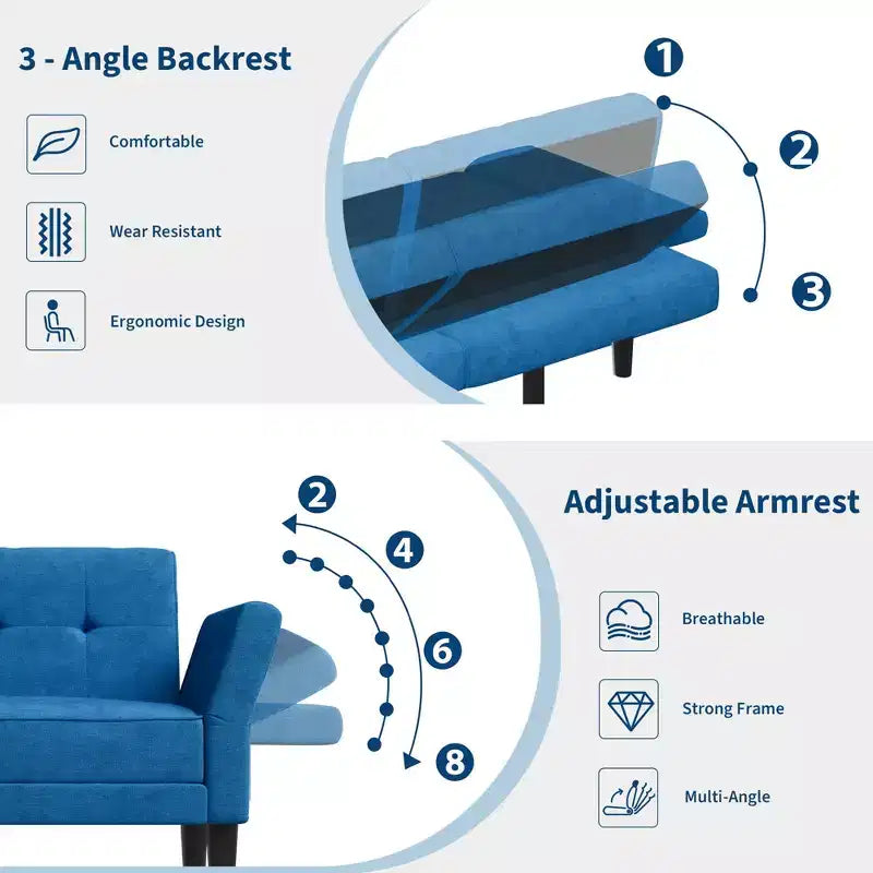89 Futon Sofa Bed, Modern Chenille Sleeper Couch with Adjustable Backrest & Armrest, Convertible Futon Couch for Living Room Bedroom Apartments