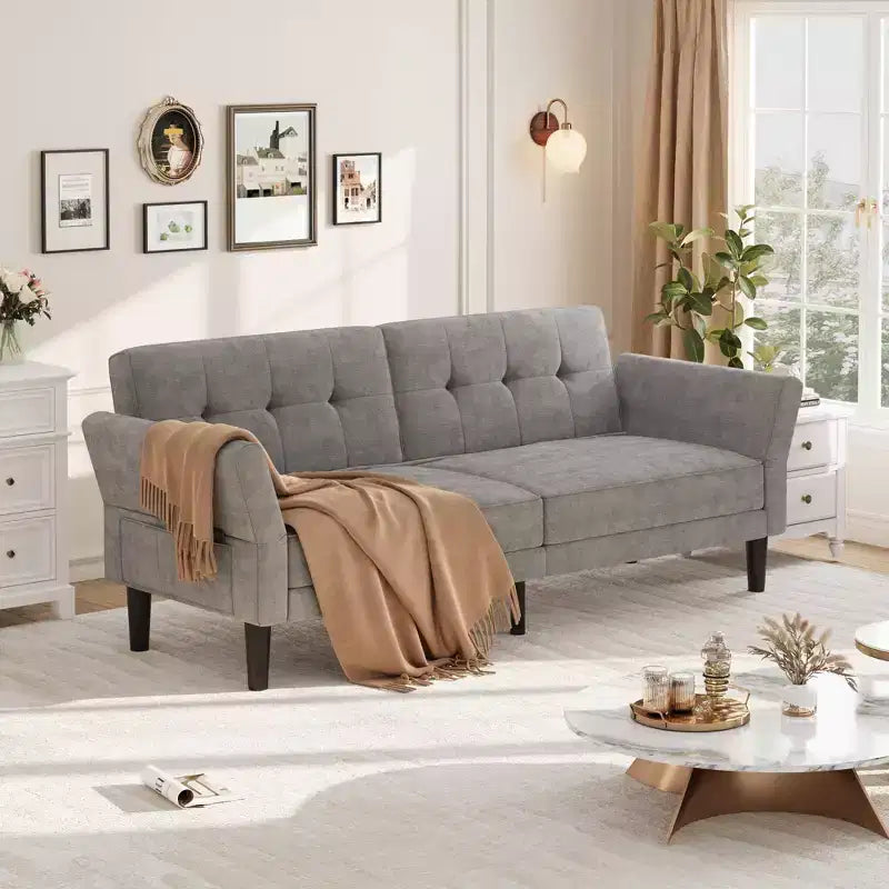 89 Futon Sofa Bed, Modern Chenille Sleeper Couch with Adjustable Backrest & Armrest, Convertible Futon Couch for Living Room Bedroom Apartments