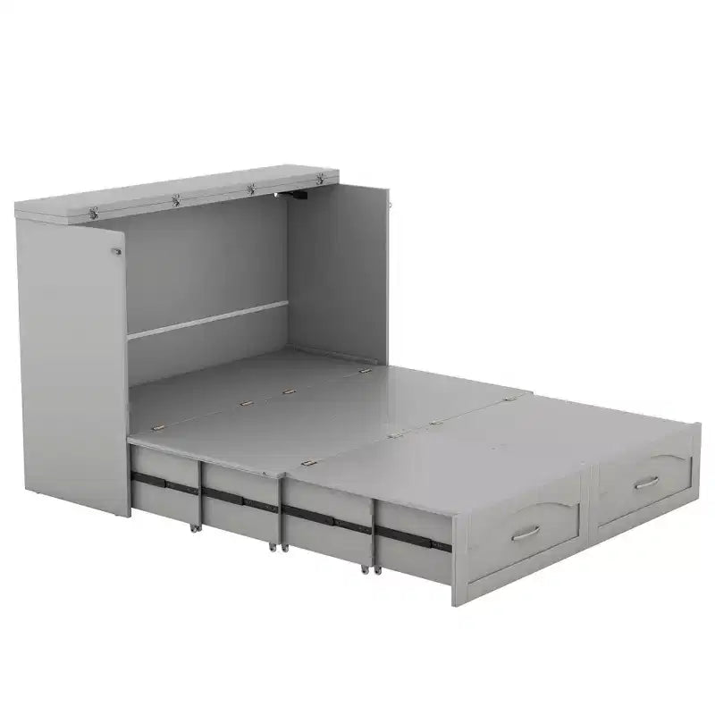 Full/Queen Murphy Bed Wall Bed with Storage Drawers, Wood Murphy Bed Chest with Sockets & USB Ports, Pulley Structure Design