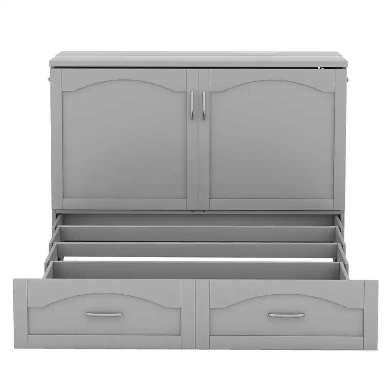 Full/Queen Murphy Bed Wall Bed with Storage Drawers, Wood Murphy Bed Chest with Sockets & USB Ports, Pulley Structure Design