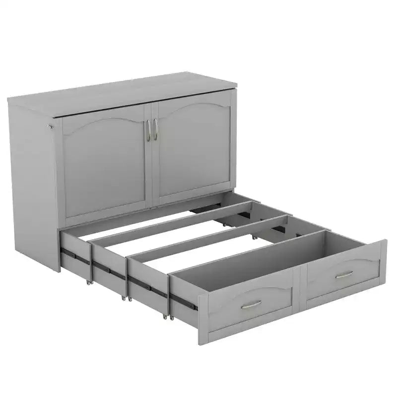 Full/Queen Murphy Bed Wall Bed with Storage Drawers, Wood Murphy Bed Chest with Sockets & USB Ports, Pulley Structure Design