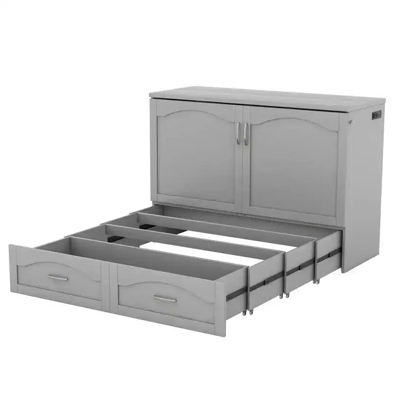 Full/Queen Murphy Bed Wall Bed with Storage Drawers, Wood Murphy Bed Chest with Sockets & USB Ports, Pulley Structure Design
