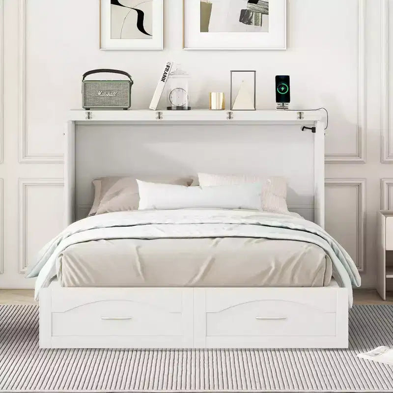 Full/Queen Murphy Bed Wall Bed with Storage Drawers, Wood Murphy Bed Chest with Sockets & USB Ports, Pulley Structure Design