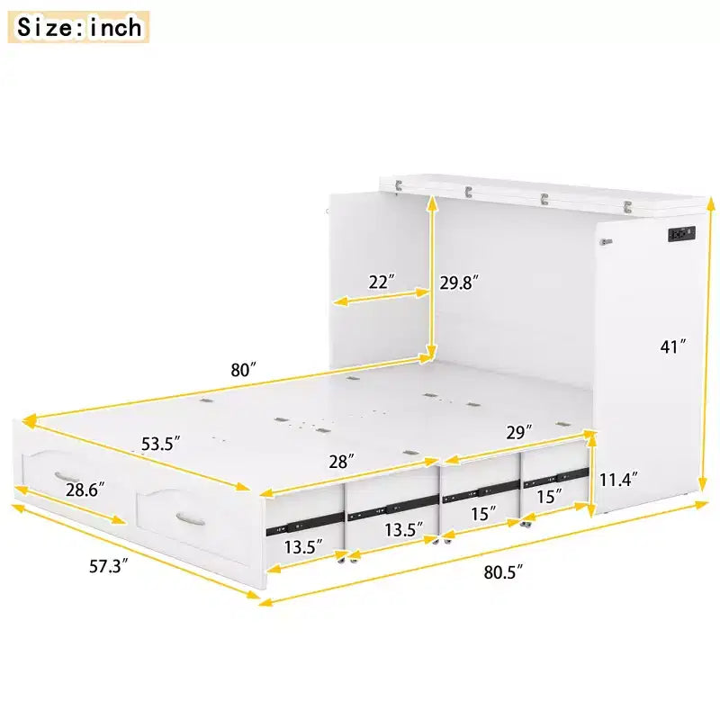 Full/Queen Murphy Bed Wall Bed with Storage Drawers, Wood Murphy Bed Chest with Sockets & USB Ports, Pulley Structure Design