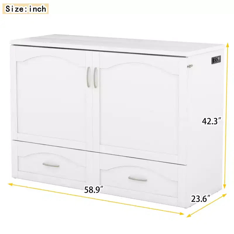 Full/Queen Murphy Bed Wall Bed with Storage Drawers, Wood Murphy Bed Chest with Sockets & USB Ports, Pulley Structure Design