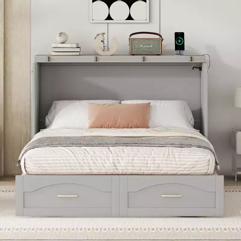 Full/Queen Murphy Bed Wall Bed with Storage Drawers, Wood Murphy Bed Chest with Sockets & USB Ports, Pulley Structure Design