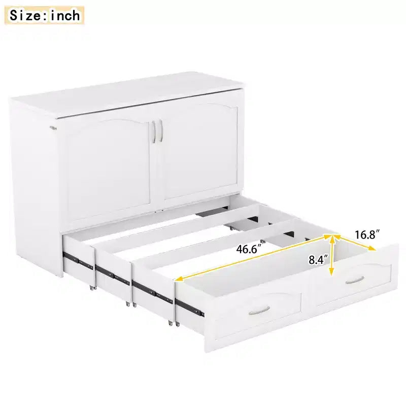 Full/Queen Murphy Bed Wall Bed with Storage Drawers, Wood Murphy Bed Chest with Sockets & USB Ports, Pulley Structure Design