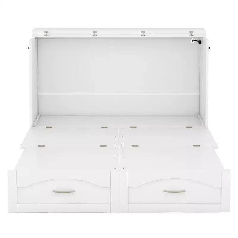 Full/Queen Murphy Bed Wall Bed with Storage Drawers, Wood Murphy Bed Chest with Sockets & USB Ports, Pulley Structure Design