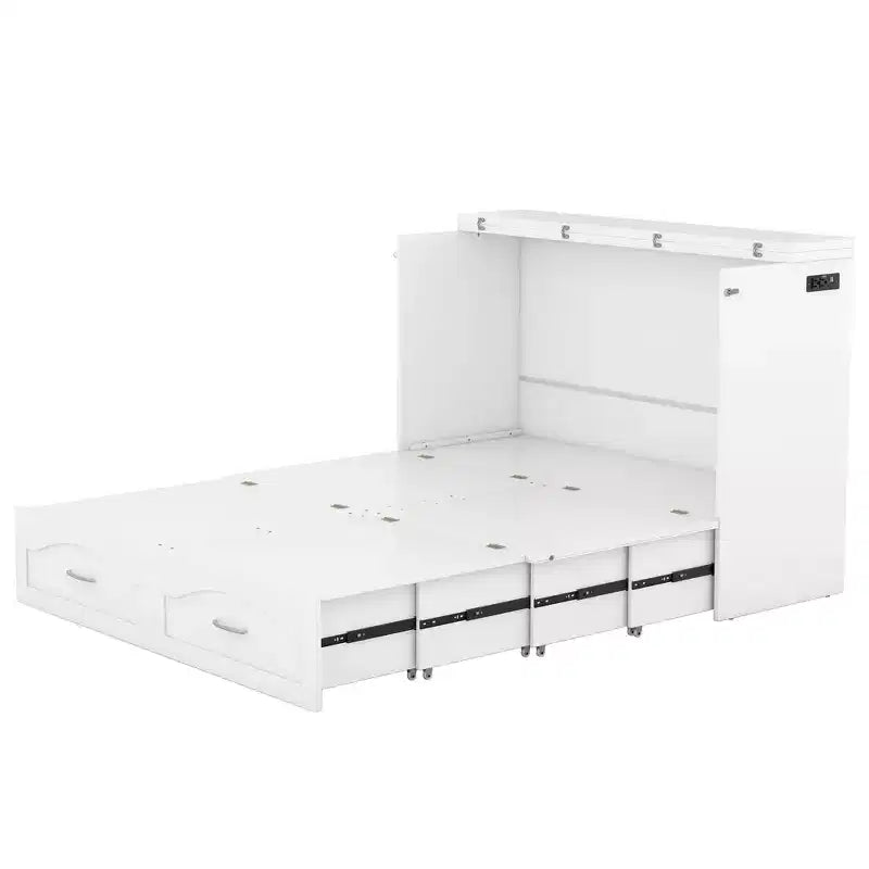 Full/Queen Murphy Bed Wall Bed with Storage Drawers, Wood Murphy Bed Chest with Sockets & USB Ports, Pulley Structure Design