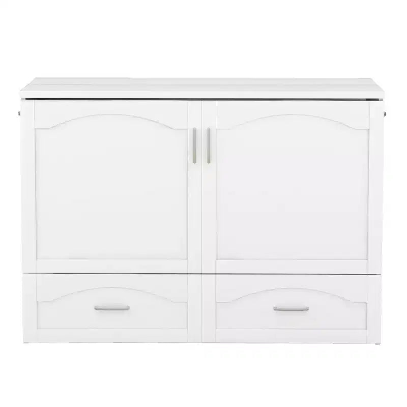 Full/Queen Murphy Bed Wall Bed with Storage Drawers, Wood Murphy Bed Chest with Sockets & USB Ports, Pulley Structure Design