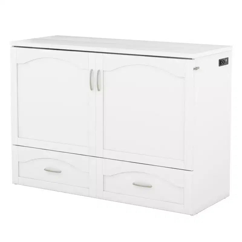 Full/Queen Murphy Bed Wall Bed with Storage Drawers, Wood Murphy Bed Chest with Sockets & USB Ports, Pulley Structure Design