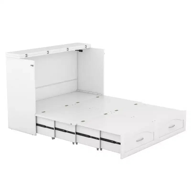Full/Queen Murphy Bed Wall Bed with Storage Drawers, Wood Murphy Bed Chest with Sockets & USB Ports, Pulley Structure Design