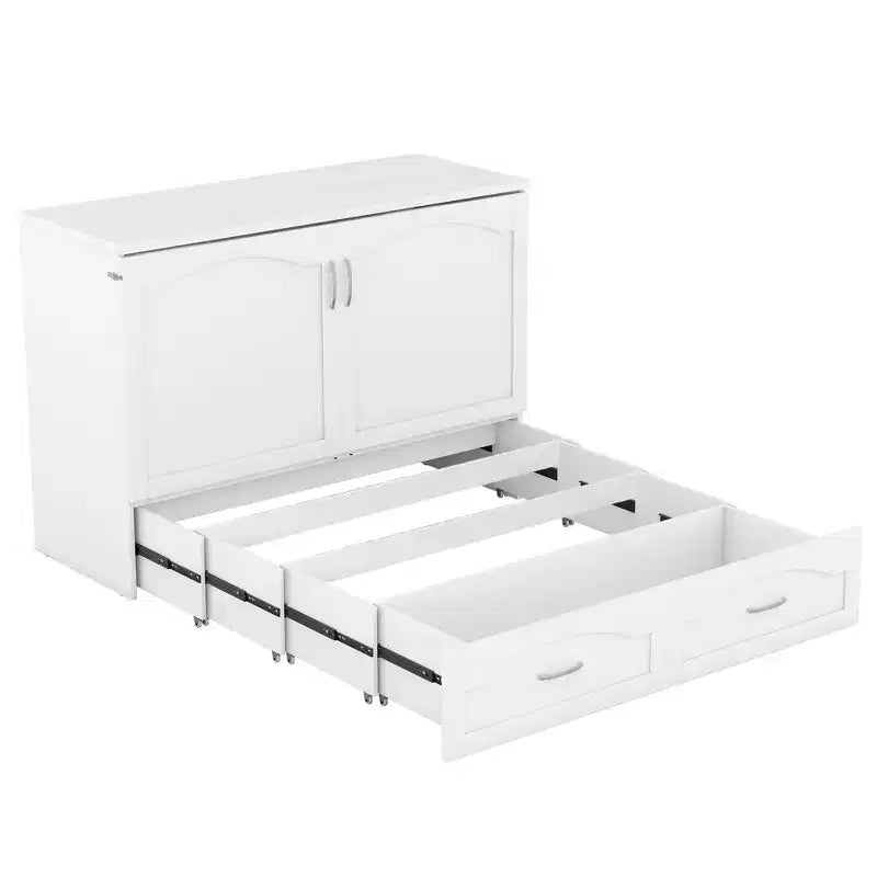Full/Queen Murphy Bed Wall Bed with Storage Drawers, Wood Murphy Bed Chest with Sockets & USB Ports, Pulley Structure Design