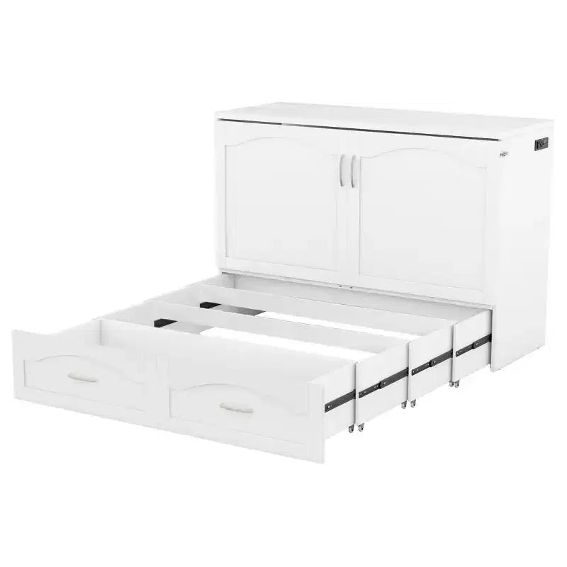 Full/Queen Murphy Bed Wall Bed with Storage Drawers, Wood Murphy Bed Chest with Sockets & USB Ports, Pulley Structure Design