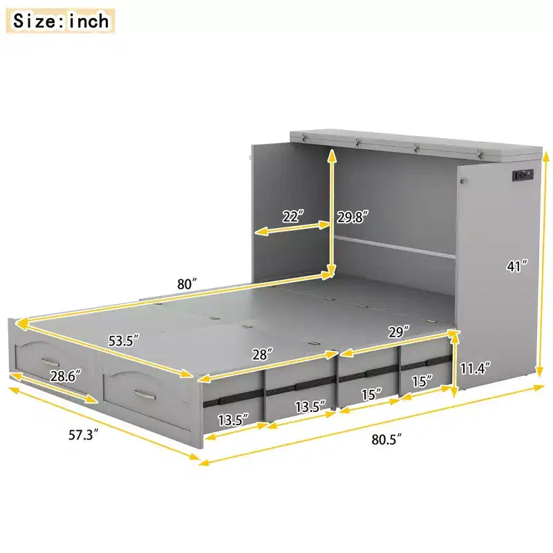 Full/Queen Murphy Bed Wall Bed with Storage Drawers, Wood Murphy Bed Chest with Sockets & USB Ports, Pulley Structure Design