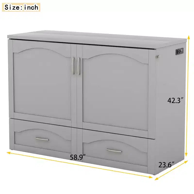 Full/Queen Murphy Bed Wall Bed with Storage Drawers, Wood Murphy Bed Chest with Sockets & USB Ports, Pulley Structure Design