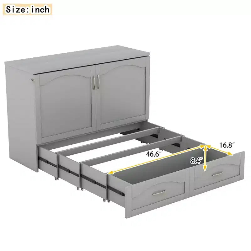Full/Queen Murphy Bed Wall Bed with Storage Drawers, Wood Murphy Bed Chest with Sockets & USB Ports, Pulley Structure Design