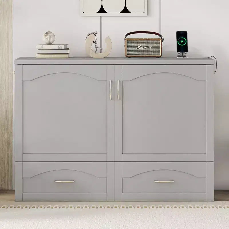 Full/Queen Murphy Bed Wall Bed with Storage Drawers, Wood Murphy Bed Chest with Sockets & USB Ports, Pulley Structure Design