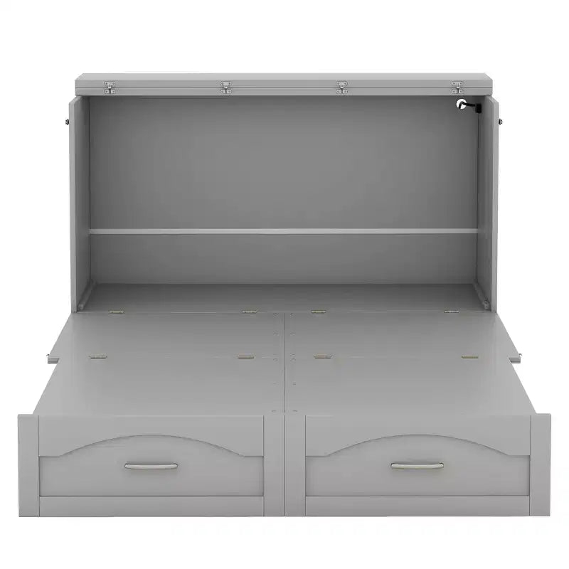 Full/Queen Murphy Bed Wall Bed with Storage Drawers, Wood Murphy Bed Chest with Sockets & USB Ports, Pulley Structure Design