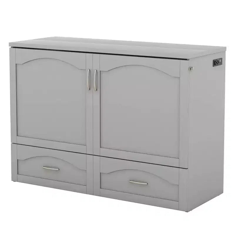 Full/Queen Murphy Bed Wall Bed with Storage Drawers, Wood Murphy Bed Chest with Sockets & USB Ports, Pulley Structure Design