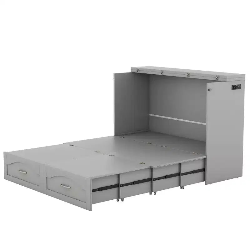Full/Queen Murphy Bed Wall Bed with Storage Drawers, Wood Murphy Bed Chest with Sockets & USB Ports, Pulley Structure Design