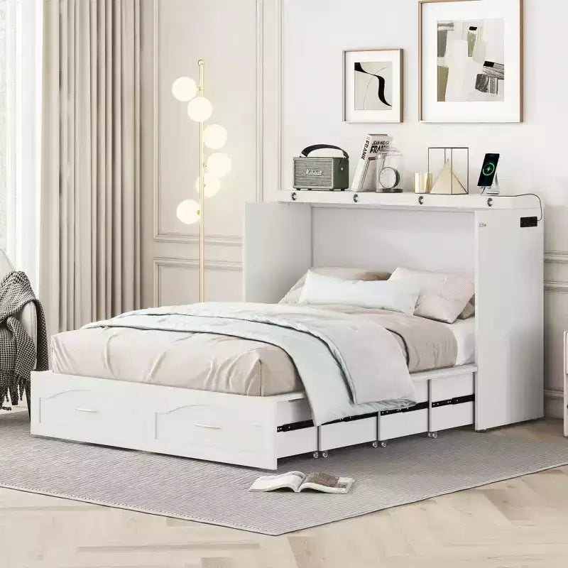 Full/Queen Murphy Bed Wall Bed with Storage Drawers, Wood Murphy Bed Chest with Sockets & USB Ports, Pulley Structure Design