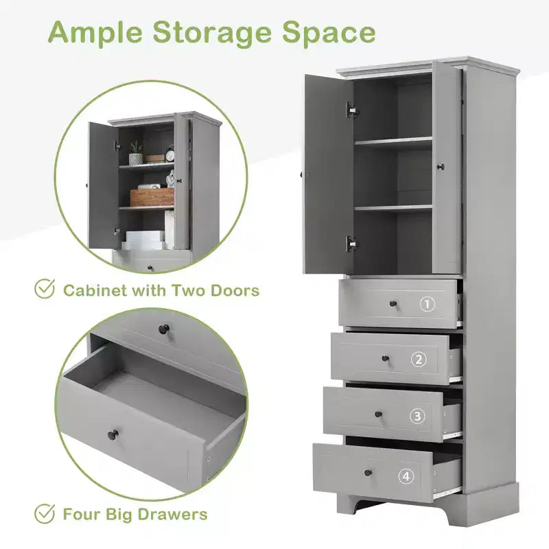 Tall Freestanding Storage Cabinet, with 4 Drawers & 2 Doors, Bathroom Storage Cabinet with Adjustable Shelf for Bathroom, Living Room