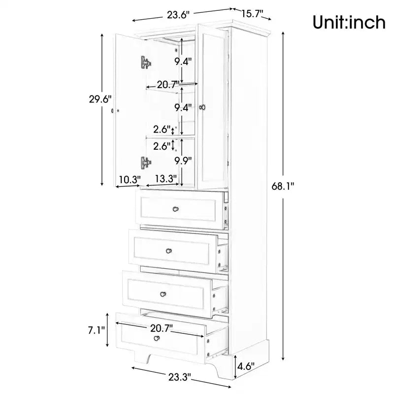 Tall Freestanding Storage Cabinet, with 4 Drawers & 2 Doors, Bathroom Storage Cabinet with Adjustable Shelf for Bathroom, Living Room