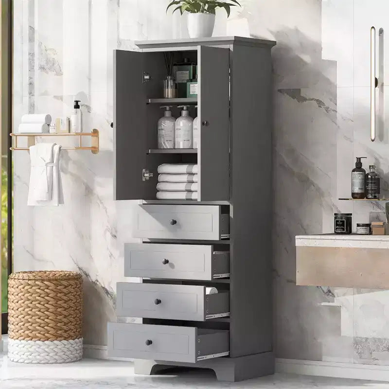 Tall Freestanding Storage Cabinet, with 4 Drawers & 2 Doors, Bathroom Storage Cabinet with Adjustable Shelf for Bathroom, Living Room