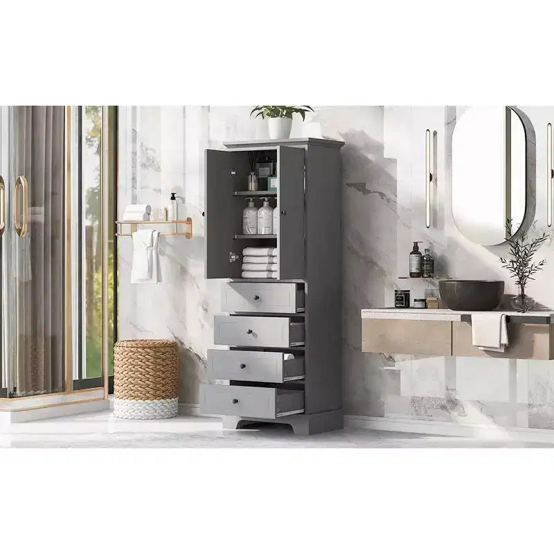 Tall Freestanding Storage Cabinet, with 4 Drawers & 2 Doors, Bathroom Storage Cabinet with Adjustable Shelf for Bathroom, Living Room