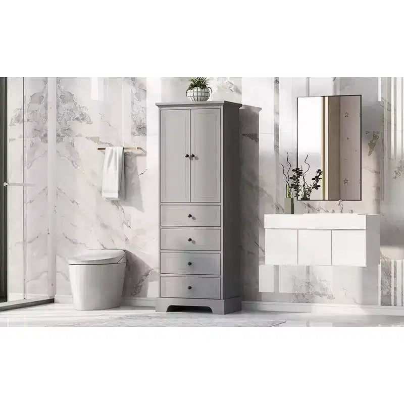 Tall Freestanding Storage Cabinet, with 4 Drawers & 2 Doors, Bathroom Storage Cabinet with Adjustable Shelf for Bathroom, Living Room
