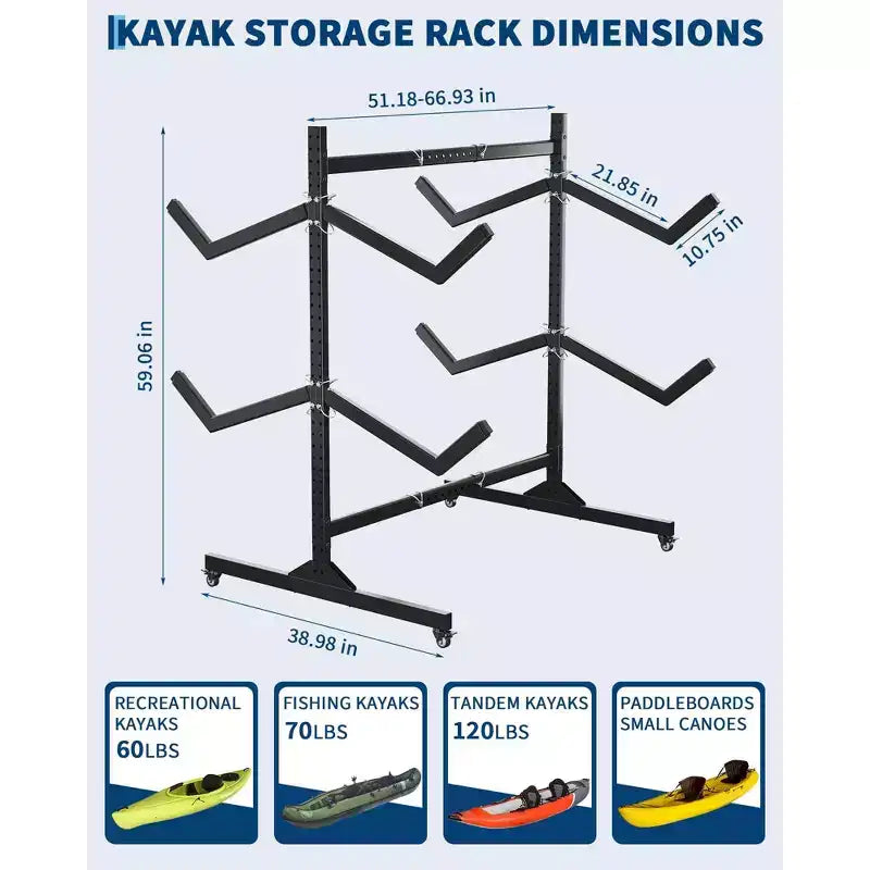 2-6 Kayak Freestanding Storage Rack - Heavy-Duty Steel Kayak Holder with Movable Wheels & Hanging Straps for Outdoor Use (Select Size, Black)