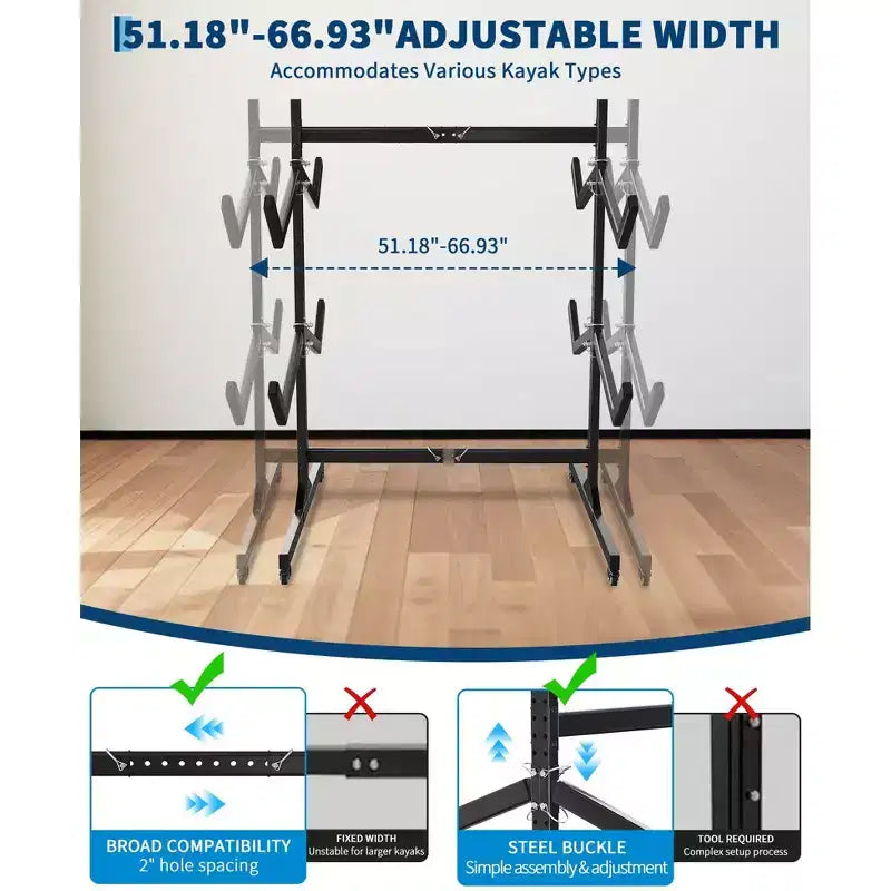 2-6 Kayak Freestanding Storage Rack - Heavy-Duty Steel Kayak Holder with Movable Wheels & Hanging Straps for Outdoor Use (Select Size, Black)