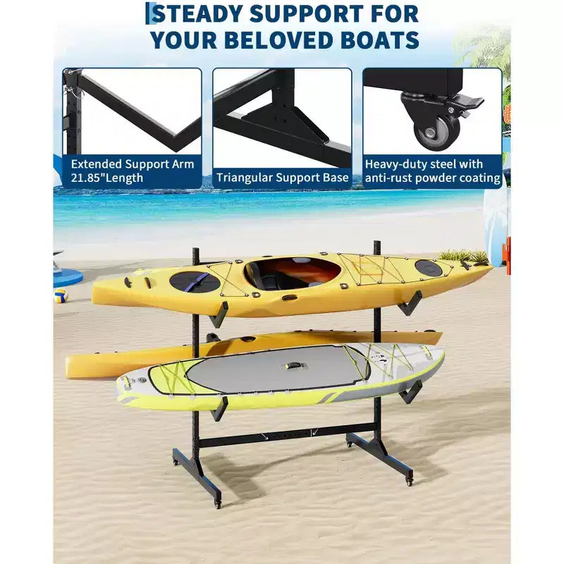 2-6 Kayak Freestanding Storage Rack - Heavy-Duty Steel Kayak Holder with Movable Wheels & Hanging Straps for Outdoor Use (Select Size, Black)