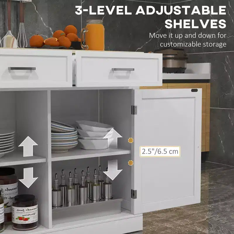 Okak Farmhouse Kitchen Cart with Rubberwood Drop Leaf, Kitchen Island with Drawers and Adjustable Shelves for Dining Room, White