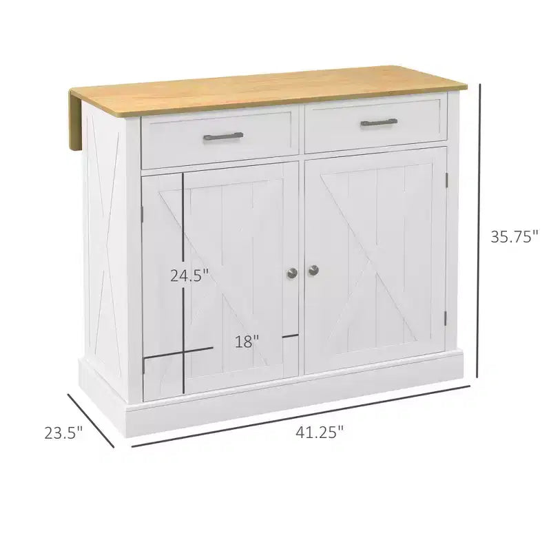Okak Farmhouse Kitchen Cart with Rubberwood Drop Leaf, Kitchen Island with Drawers and Adjustable Shelves for Dining Room, White