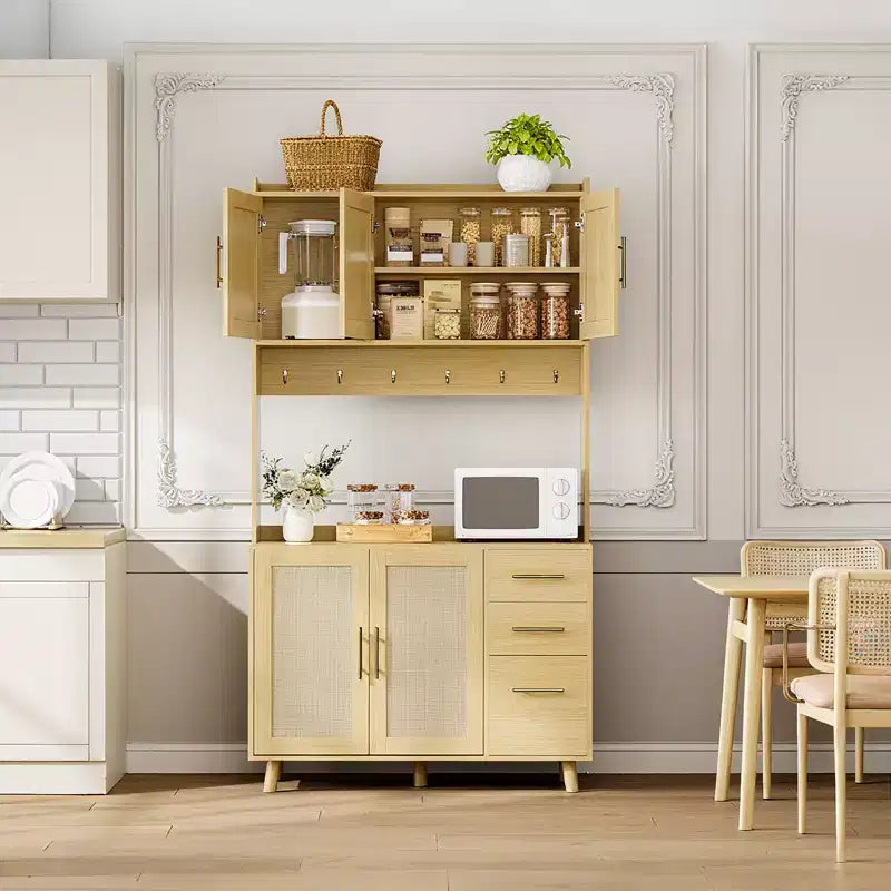 Freestanding Hutch with Drawers,Rattan Pantry Cabinet,Doors and Hooks for Living Room, Dining Room,