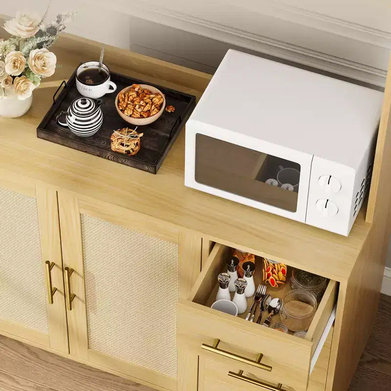 Freestanding Hutch with Drawers,Rattan Pantry Cabinet,Doors and Hooks for Living Room, Dining Room,