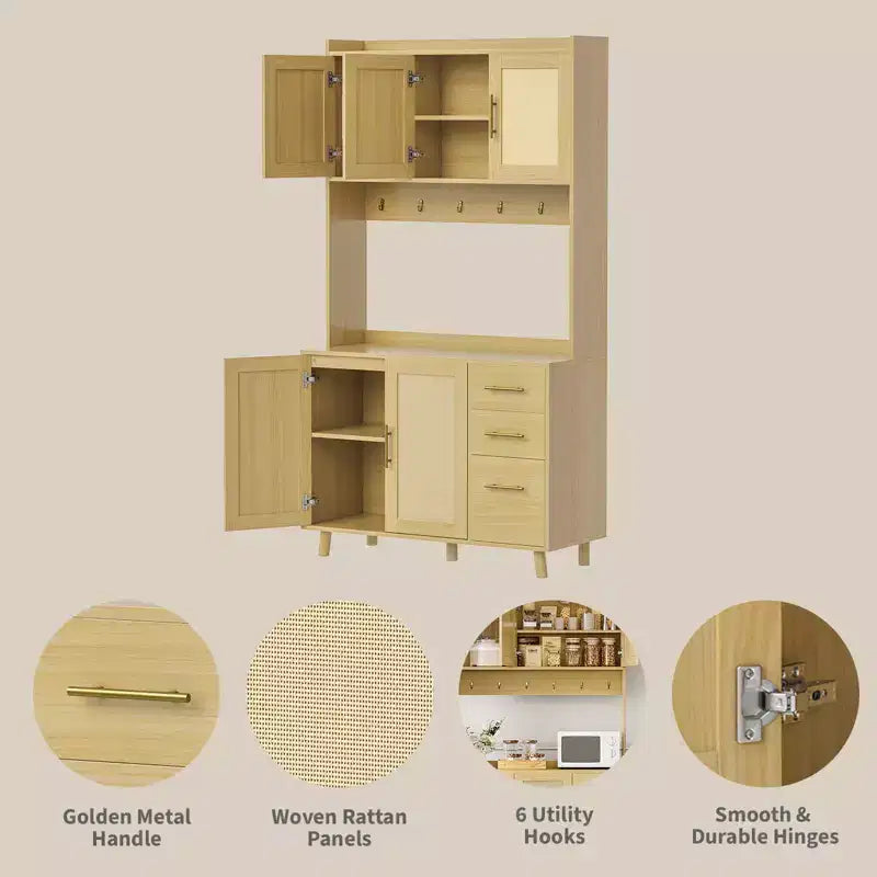 Freestanding Hutch with Drawers,Rattan Pantry Cabinet,Doors and Hooks for Living Room, Dining Room,