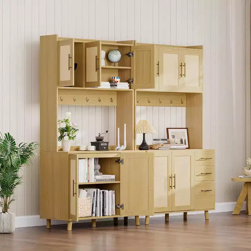 Freestanding Hutch with Drawers,Rattan Pantry Cabinet,Doors and Hooks for Living Room, Dining Room,
