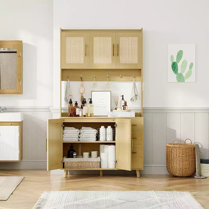 Freestanding Hutch with Drawers,Rattan Pantry Cabinet,Doors and Hooks for Living Room, Dining Room,