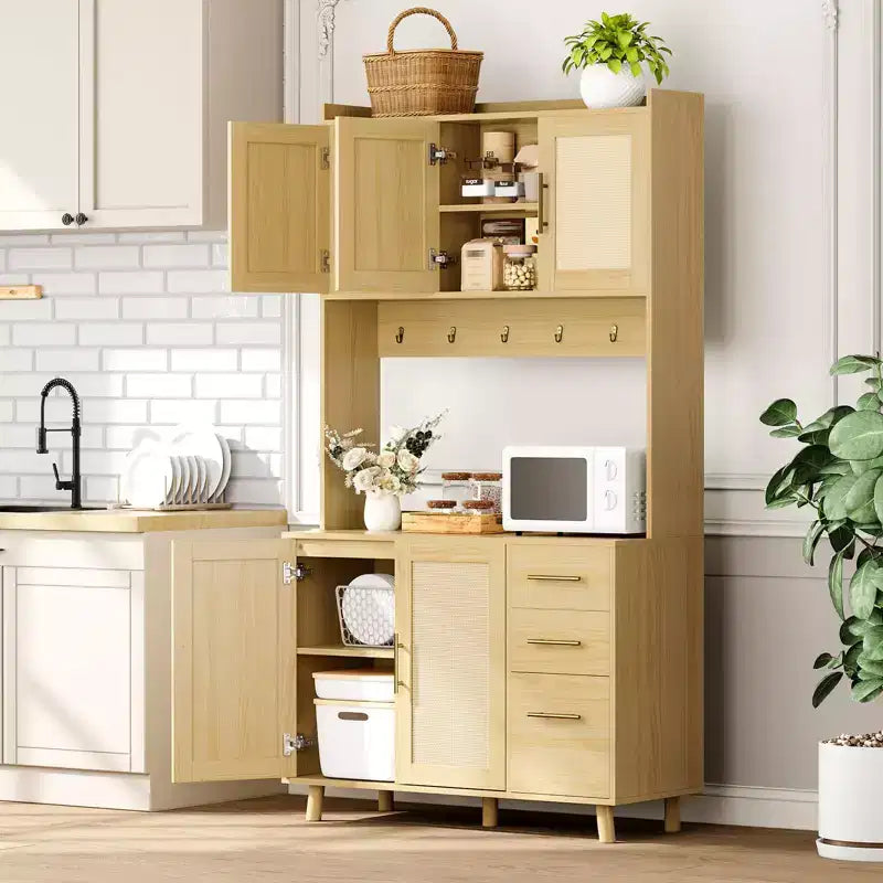 Freestanding Hutch with Drawers,Rattan Pantry Cabinet,Doors and Hooks for Living Room, Dining Room,