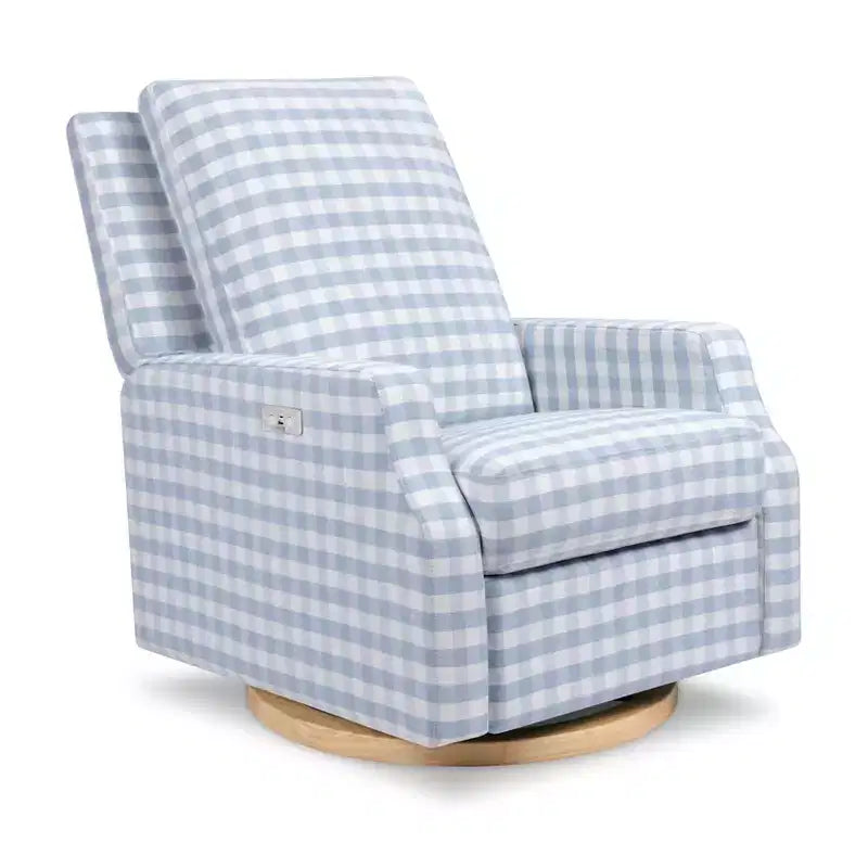 Namesake Crewe Electronic Recliner and Swivel Glider - Tan Gingham with Light Wood Base
