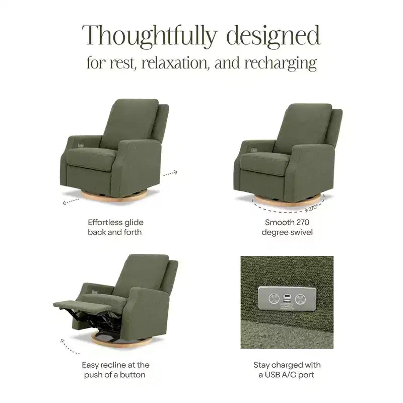 Namesake Crewe Electronic Recliner and Swivel Glider - Tan Gingham with Light Wood Base