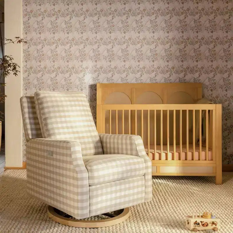 Namesake Crewe Electronic Recliner and Swivel Glider - Tan Gingham with Light Wood Base