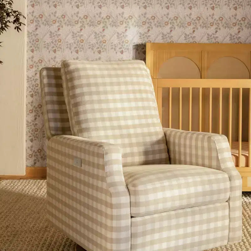 Namesake Crewe Electronic Recliner and Swivel Glider - Tan Gingham with Light Wood Base