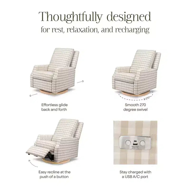 Namesake Crewe Electronic Recliner and Swivel Glider - Tan Gingham with Light Wood Base