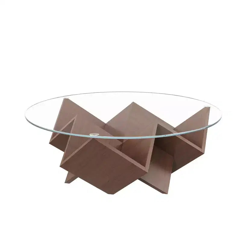Zeus & Ruta 35.4 Walnut Round Coffee Table with Glass Top, Geometric Art Deco Base & Storage Shelves